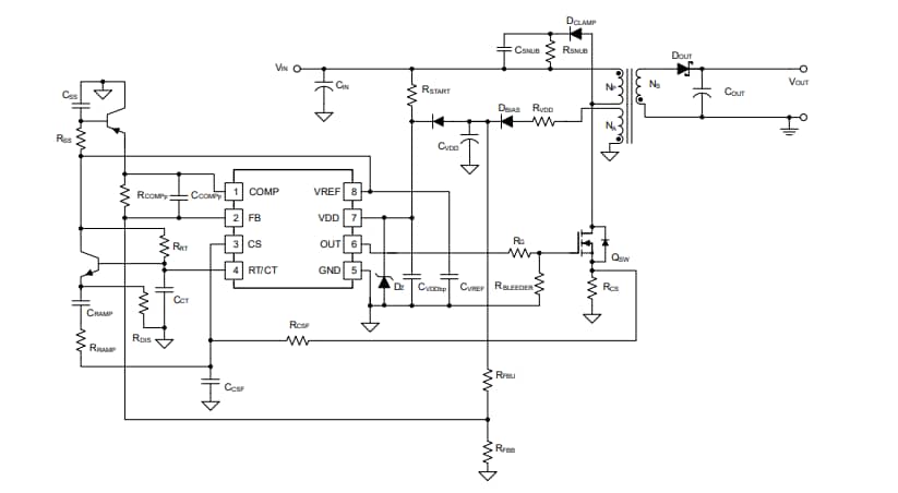 Applikations-Schaltungsdiagramm - Texas Instruments UCCx8C5x/UCCx8C5x-Q1 Strommodus-PWM-Controller